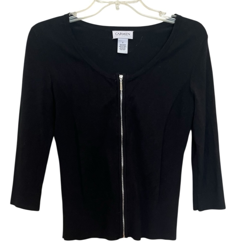 Carmen Marco Volvo black full zip top shirt 3/4 sleeves ribbed size small